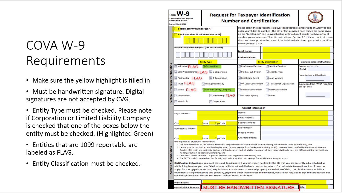 COVA W9 Requirements